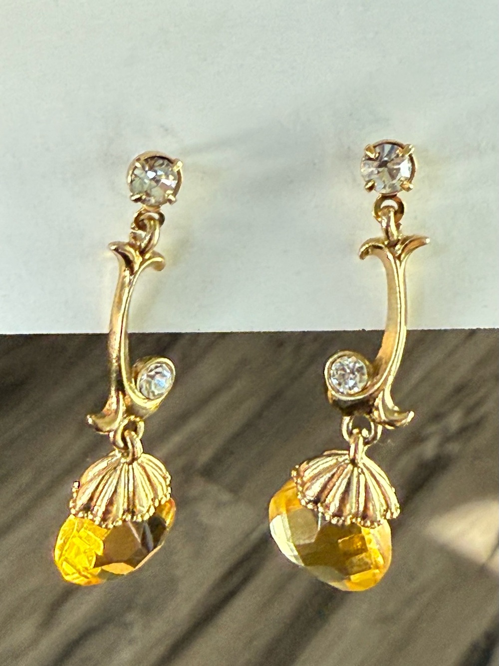 Vintage Inspired Gold Tone Amber Crystal Rhinestone Dangle Earring